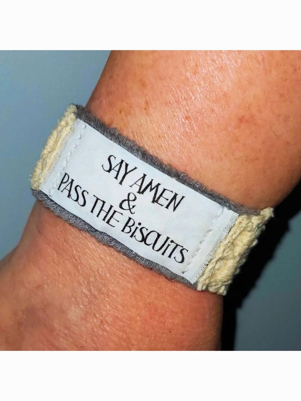 Say Amen & Pass the Biscuits Bracelet Cuff Christian Faith Spiritual Humor Fun